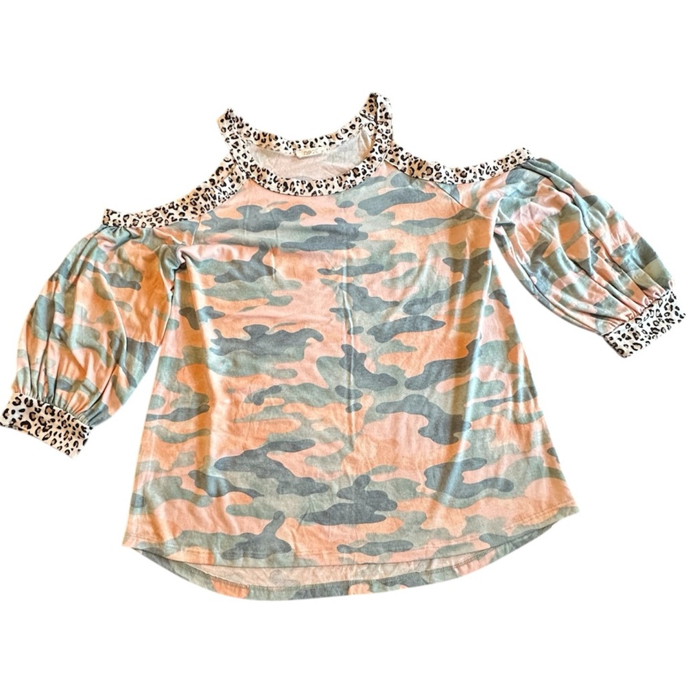 Oddi Leopard Accent Camouflage Cold Shoulder Blouse Size Large
